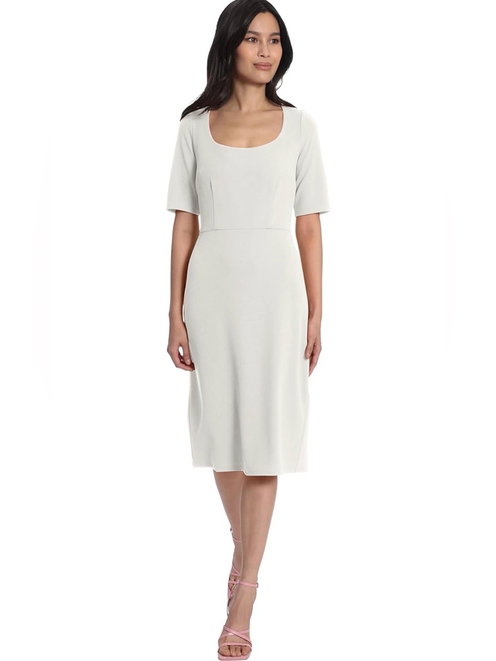 Maggy London Off-White Scoop Neck Short Sleeve Midi Dress